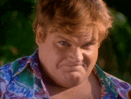 Celebrity gif. Chris Farley tilts his head towards up, smirks, and waves at us.