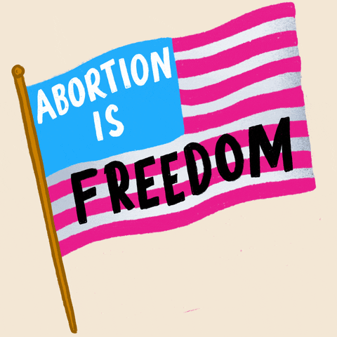 Digital art gif. Illustration of a waving American flag with text inside that reads, "Abortion is freedom," against a creamy white background.