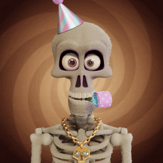Digital illustration gif. Skeleton with big cartoon eyes, a cone-shaped party hat, and gold skeleton chain necklace looks at us and blows a pink and blue party horn, holding both hands up to make the rock and roll sign at us. 