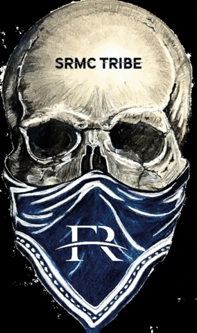 Digital art gif. Skull wearing a blue bandana with a white Frontier Risks Group logo shakes around the screen. Black, glitchy text on the skull's forehead reads, “SRMC Tribe.”
