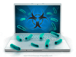 Ad gif. Antivirus ad features a laptop flashing a biohazard sign as glowing and strobing virus particles spew from the screen.
