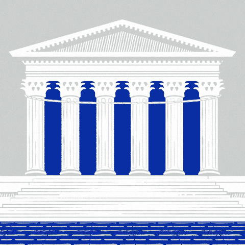 Illustrated gif. The Marble Palace on a gray and cobalt background, a banner unfurls down its columns. Text, "Learn about Ohio's Supreme Court candidates at guides-dot-vote."