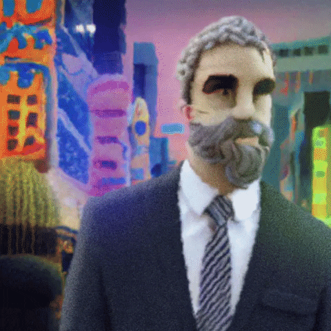 Illustration article Digital Summ'R 2023 : Un homme en costume marchant dans une rie commerçante à néons. Le visage de l'homme change à chaque seconde comme si une IA générative appliquait différentes textures ou style très rapidement. 