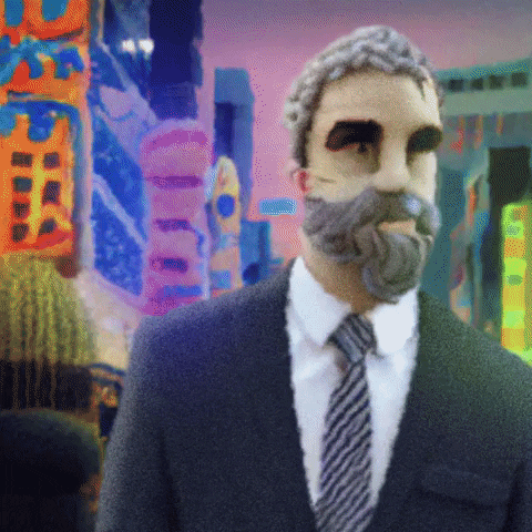 Illustration article Digital Summ'R 2023 : Un homme en costume marchant dans une rie commerçante à néons. Le visage de l'homme change à chaque seconde comme si une IA générative appliquait différentes textures ou style très rapidement.