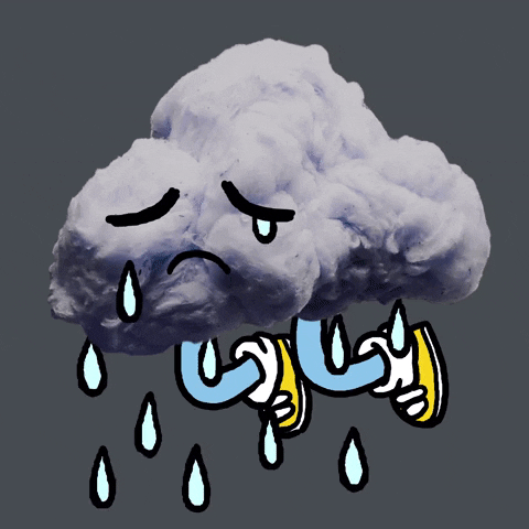 Digital art gif. A sad cloud wearing sneakers sobs, tears falling down as rain.