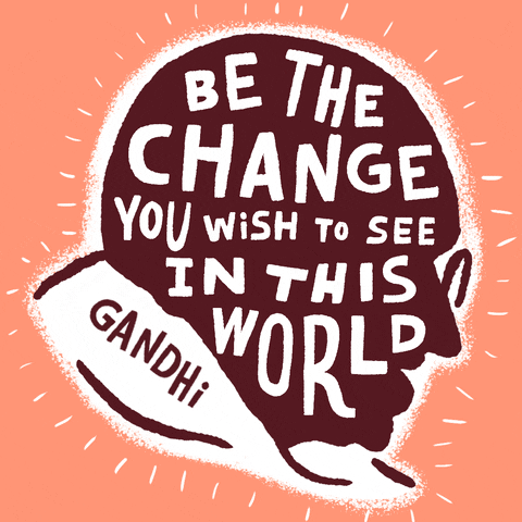 Text gif. Pastel silhouette of Mahatma Gandhi's profile lively with action marks on a peachy background. Text within, "Be the change you wish to see in this world."
