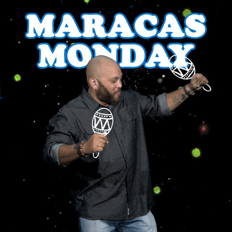 Video gif. A man is holding imaginary maracas and is dancing happily while shaking the maracas. Text, "Maracas Monday!"