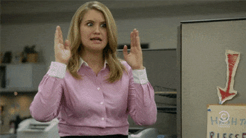 TV gif. Jillian Bell as Jillian in Workaholics gesturing with her hands the large size of a penis.