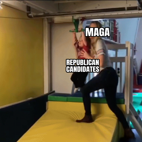 Meme gif. Small child, labeled "republican candidates," mounted onto a zipline by his mother, labeled "Maga," then released, as he dangles haplessly, zipping across a foam pit and, smack, directly into a giant mat labeled "voters."
