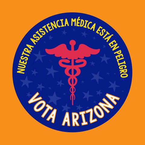 Digital art gif. Blue circular sticker against an orange background features a red medical symbol of a staff entwined by two serpents, topped with flapping wings and surrounded by light blue dancing stars. Text, “Nuestra asistencia medica esta en peligro. Vota Arizona.”