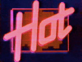 Text gif. Glowing retro text reads, "Hot." It flashes in orange, red, and yellow as pixels flicker in the background.