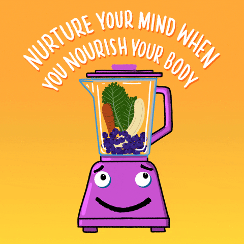 Digital art gif. Animation of a cartoon purple blender with a smiling face, blending up a full cup of fruits and veggies into a yummy purple smoothie against a yellow background. Text, "Nurture your mind when you nourish your body."