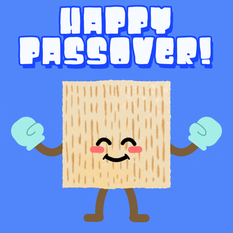 Text gif. Smiling matzoh cracker dances up and down beneath the text "Happy Passover!"