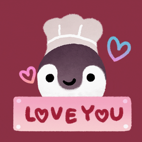 Digital illustration gif. Little penguin with a chef's hat bobs its head from side to side. It has a cute smile on its face as hearts float up around it. He holds a sign that says, "Love you" against a magenta background. 