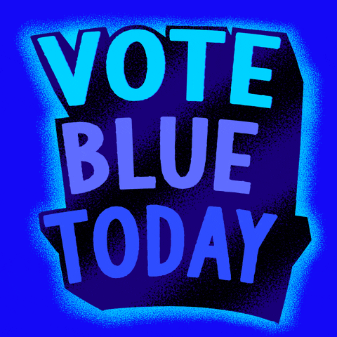 Text gif. Loud 3D letters in alternating royal blue robins egg blue and blue-purple, radiating from a cobalt background. Text, "Vote blue today."