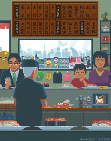 Gif Anime Japan Pixel Art Sushi Perfect Loops Satoru Iwata Magikarp Conveyor Belt Revolving Sushi Bar