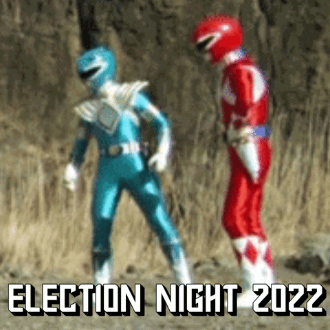 Meme gif. Green Ranger and Red Ranger turn to each other and shrug in unison, puzzled. Text, "Election night 2022."