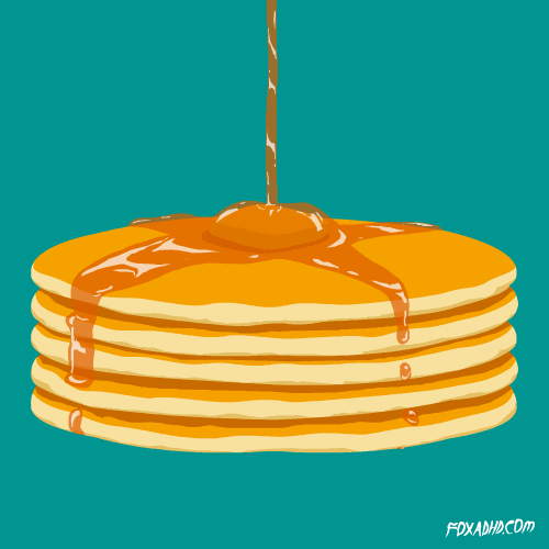 Digital art gif. Against a blue background, brown syrup drips down onto a stack of golden pancakes with a dollop of butter on top, running down the sides.