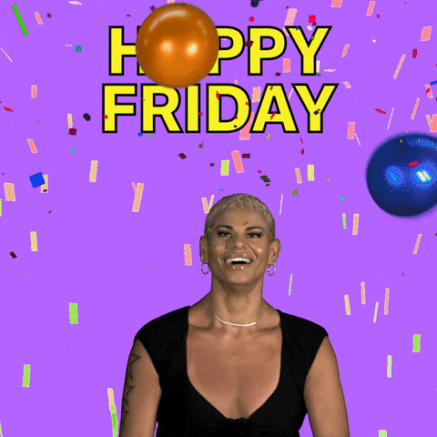 Video gif. A person grins widely and looks upward as orange and blue balloons fall down onto them. Animated confetti swirls against the purple background, and text above the person reads, "Happy Friday"