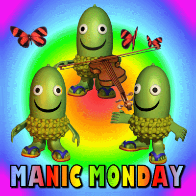 Digital art gif. Three cucumbers wearing flip-flops dance, one plays the violin with butterflies dancing around its head. Text, “Manic Monday.”