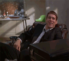 Movie gif. Jim Carrey as Lloyd in Dumb and Dumber sinks down into a leather chair and dramatically shrugs, tosses up his hands and shakes his head with a wide grin on his face. 