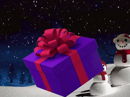 Digital art gif. Present comes flying towards us in a snowy land and it opens up to reveal a cowboy that holds two ornaments. He says, "Balls!"