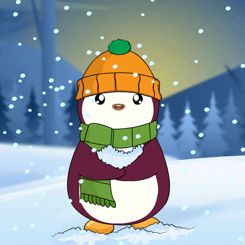 Cartoon gif. A purple penguin in a orange-yellow beanie and a green scarf stands in a wintery landscape. It tosses a bunch of snow into the air and twirls around underneath the flurries. 