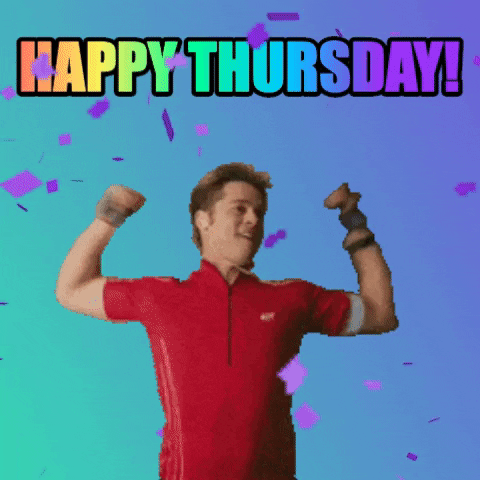 Movie gif. Brad Pitt as Chad in Burn After Reading dances as he tosses his hands in the air. Animated confetti falls around him as rainbow text flashes above. Text, "Happy Thursday."