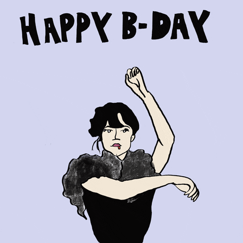 Digital illustration gif. Wednesday Addams from the Addams Family dances in a dark dress, black hair in an updo with a drop of blood falling from her mouth. Just her arms are moving in a stiff awkward dance. Black text on a lavender background says, "happy b-day."