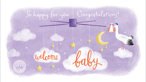 Fialový gif s čápem a hvězdnou oblohou s obláčky a nápisem "So happy for you. Congratulations! Welcome baby". 