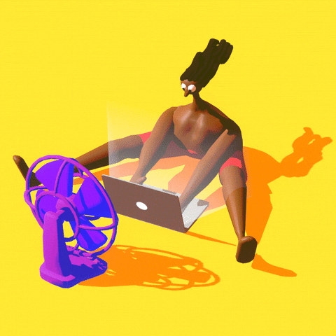 Digital art gif. 3D animation of a person wearing only red shorts sitting and typing on their laptop as a fan blows wind at them, their hair flowing behind them in waves. A single drop of sweat drips off the person’s head.