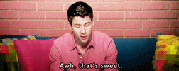 Celebrity gif. Nick Jonas leans forward on a couch and looks at us, saying, “Awh, that’s sweet.”