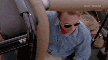Movie gif. Sam Neill as Alan Grant in Jurassic Park stands up in a Jeep and takes his sunglasses off to get a better look. He has a shocked look in his eye. He reaches down to turn Laura dern as Ellie Sattler’s head towards what he’s looking at. She gasps and takes off her glasses as well. She stands up next to him in shock. 