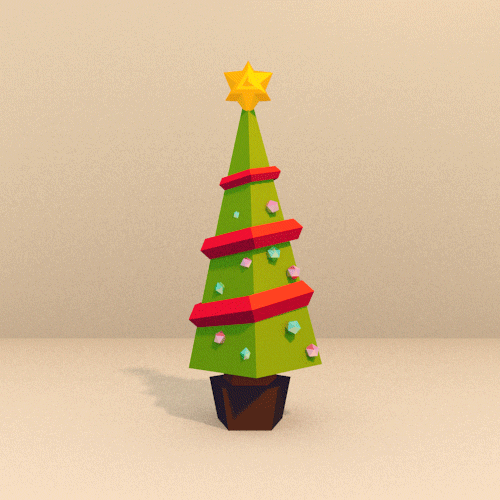 Digital art gif. Geometric Christmas tree slides off screen as another glides on and decorations appear in a cycle that loops continuously.