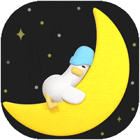 Digital art gif. Duck wearing a blue cap hugs and sleeps peacefully on a rocking crescent moon.
