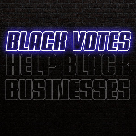 Digital art gif. Two blue neon signs flash on black brick reading, "Black votes, Help Black businesses."