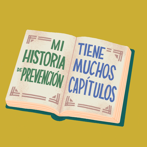 Digital art gif. Illustration of a book flipping its pages. The page on the left reads, "Mi Historia de Prevención," while the page on the right reads, "Tiene Muchos Capítulos," all against a yellow background.