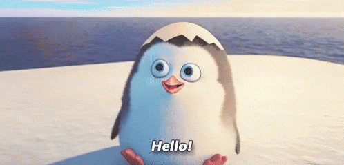 Movie gif. A newly hatched baby Private from Penguins of Madagascar, still wearing the top of his eggshell on his head, gives us a friendly wave as he says: Text, "Hello!"