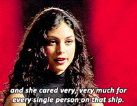 Celebrity gif. Morena Baccarin sits calmly for an interview, and says, "and she cared very, very much for ever single person on that ship." 
