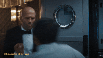 Movie gif. Jason Statham as Orson in Operation Fortune. It's a compilation of fight scenes from the movie, with Jason dodging, punching, elbowing, and headbutting his opponents, defeating them all.  