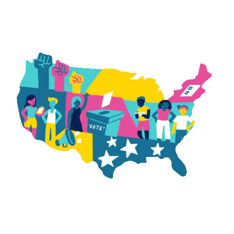 Digital art gif. Shape of the United States over a transparent background contains a collage of voting-related illustrations including a ballot going into a ballot box, a poll worker giving advice, people waiting in line, a megaphone, fists pumping into the air, and dancing stars. Text, “America needs poll workers.”