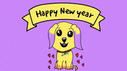 Illustrated gif. Butter yellow dog with lilac tipped ears smiles beneath a banner that reads, "Happy New Year."