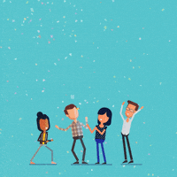 Cartoon gif. A group of people dance together under falling confetti smiling as letters appear on screen, one by one, "T-G-I-F."