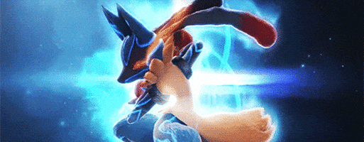 Pokémon gif. Lucario stares intensely and turns towards us, then everything goes white.