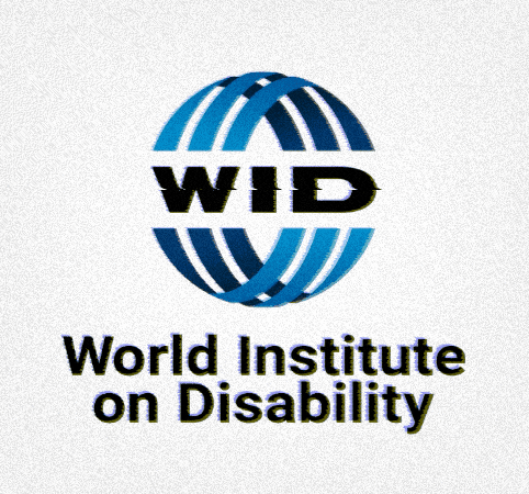 Digital art gif. World Institute On Disability logo, blue bridges forming an abstract globe containing the letters W I D, against a white background, with cycling film grain and sporadic TV static interruptions lines.