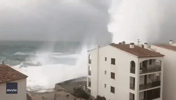 Waves Crash Over Top of Three-Story Buildings as Storm Gloria Hits Mallorca