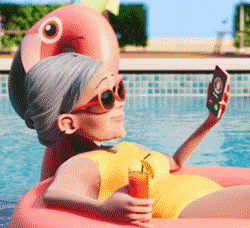 Video game gif. From Merge Mansion, a cool old lady with gray hair and sunglasses sitting in a flamingo intertube in a pool, tossing her phone into the pool and taking a sip of her fruity drink.