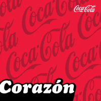 Sponsored gif. The word "Corazón" in white letters with a black outline rises into view. White hearts burst off the letters when they reach the middle of the screen. Red Coca-Cola logos float by in the background, and a white Coca-Cola logo is in the upper right corner. 