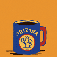 Digital art gif. Blue mug full of coffee featuring a cactus labeled “Arizona” rests over an orange background. Steam rising from the mug reveals the message, “Vote early.”