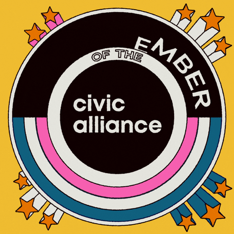Digital art gif. Circle badge with flashing pink, white, and blue arcs sprouts shooting stars against a yellow background. Text, “Proud member of the civic alliance.”